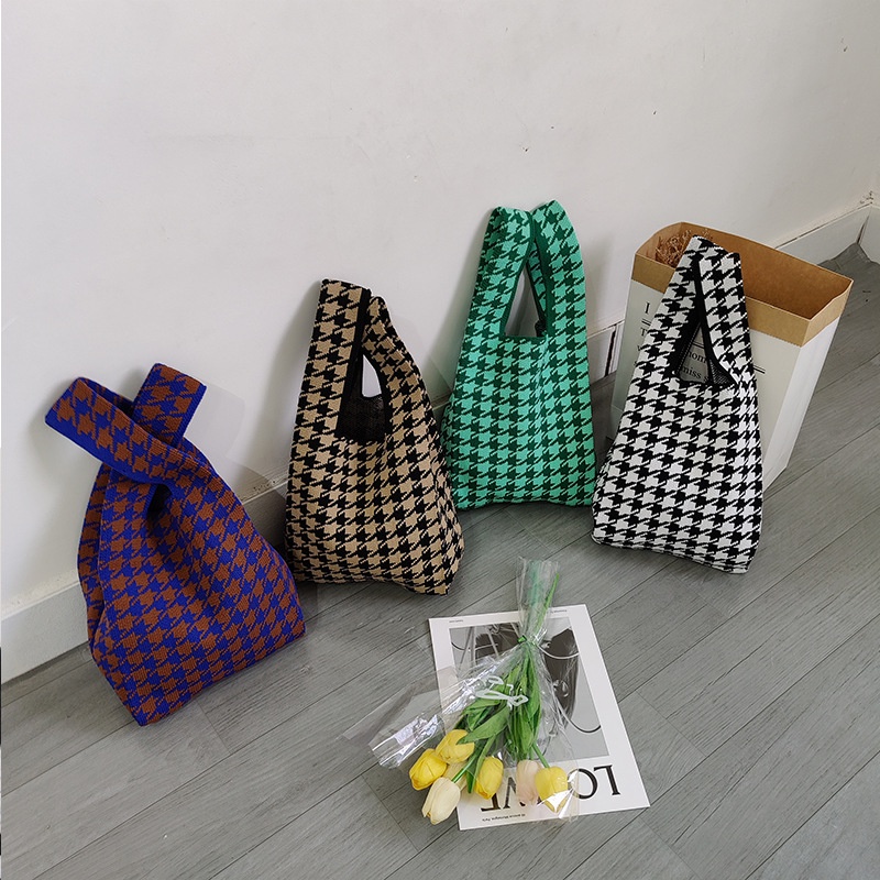 Gobra ♕ TW019 Tas Bene Korean Knitted Checkered Tote Bag Tas Rajut Motif New Totebag Buffollow Vacay Viral Bangkok Import