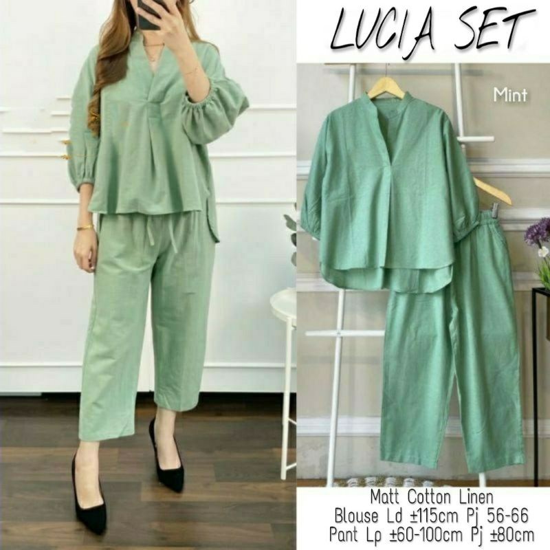 Lucia Set Setelan Wanita Blouse dan Pants Celana kekinian Bahan Katun Rami Premium RCS