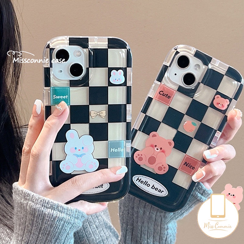 Casing Couple Case Kompatibel Untuk iPhone 7Plus 8Plus XR 11 14 13 12 Pro MAX 7 8 6 6S Plus X XS MAX Kotak-Kotak Beruang Lucu Kelinci Shockproof Airbag Soft TPU Lovers Phone Case