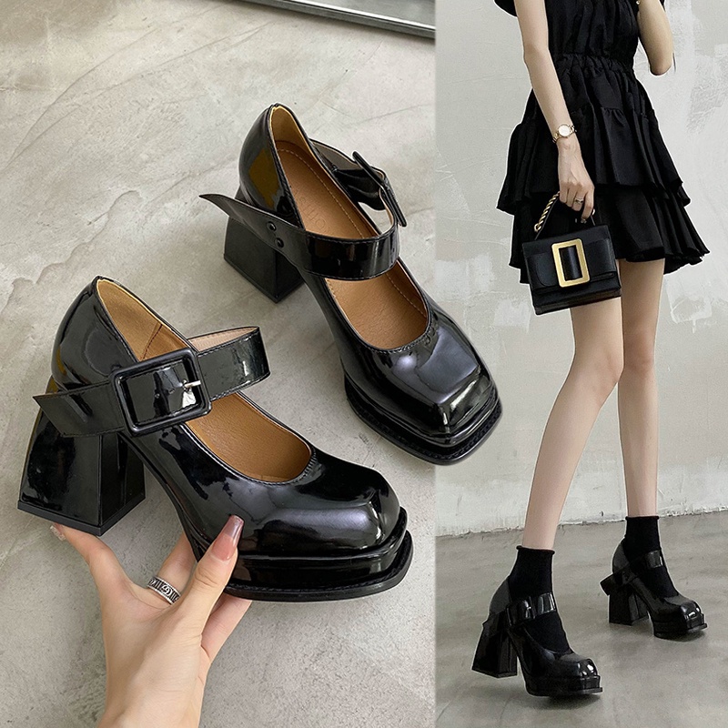 US33R Sepatu Hak Tinggi Tahu Wanita Terbaru Korea Hitam Tali Gesper Murah Big Size Pointed Toe Black