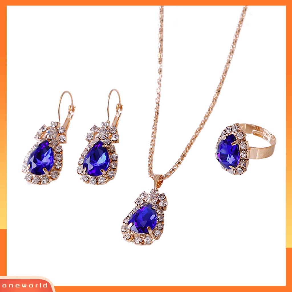 [WONE] 3pcs/set Wanita Tetesan Air Paduan Terang Berlian Imitasi Liontin Kalung Anting Cincin Set Perhiasan Untuk Hari Valentine