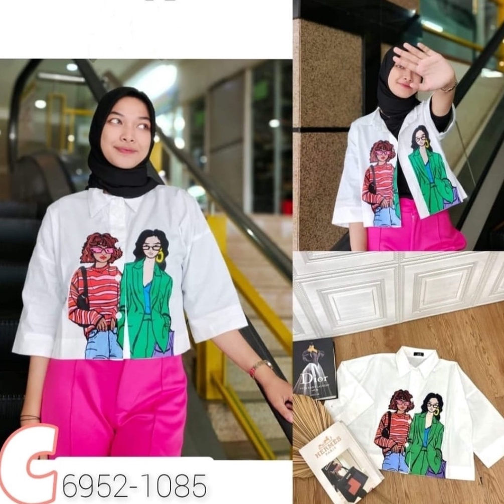 Tq88indonesia Fashion Baju Kem Wanita Lengan 3/4 Kemeja Crop Bestie Girl / Hem Casual Cewek / Ootd Kasual