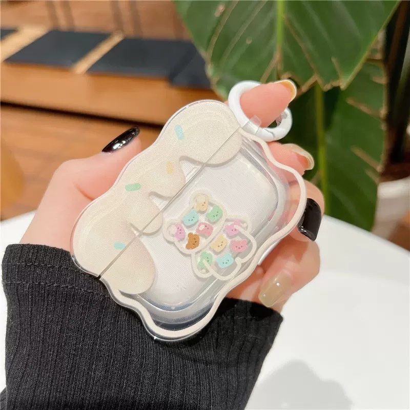 Kompatibel Untuk Airpods3 2021perbatasan Gelombang Kartun Lucu Cream Motif Beruang Shockproof Case Charging Box Earphone Case Compatible Untuk Airpods1 2 Pro