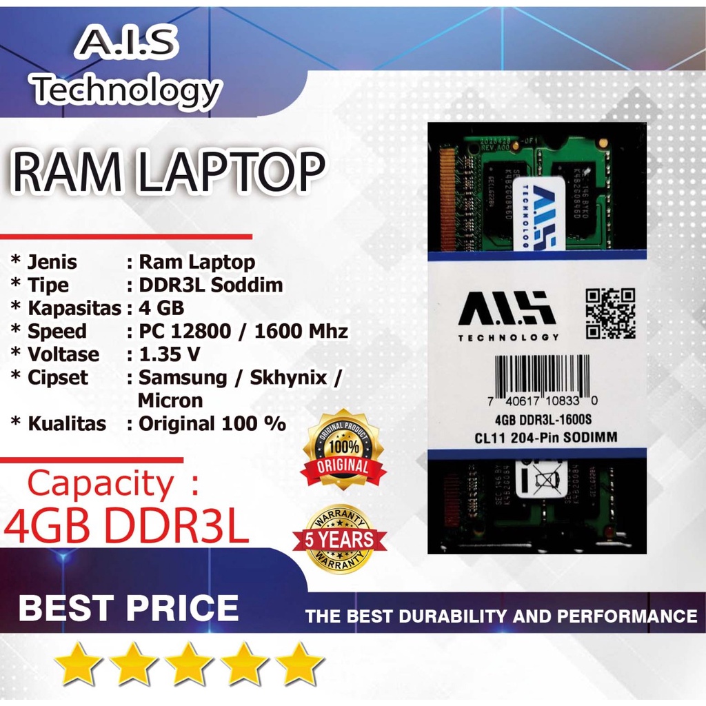 RAM 4GB / 8GB DDR3L 8 GB PC 12800 / 1600MHz UNTUK LAPTOP ACER ASUS DELL LENOVO HP TOSHIBA