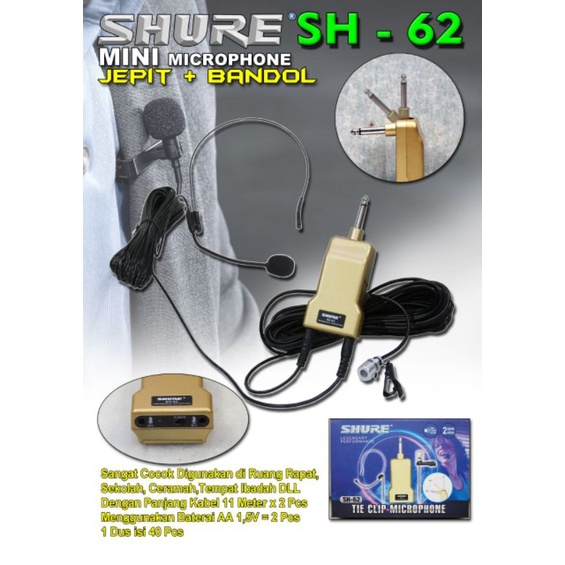 Mic wireless SH-62 Mic bando + mic clip on wireless 2 channel wireless + kabel