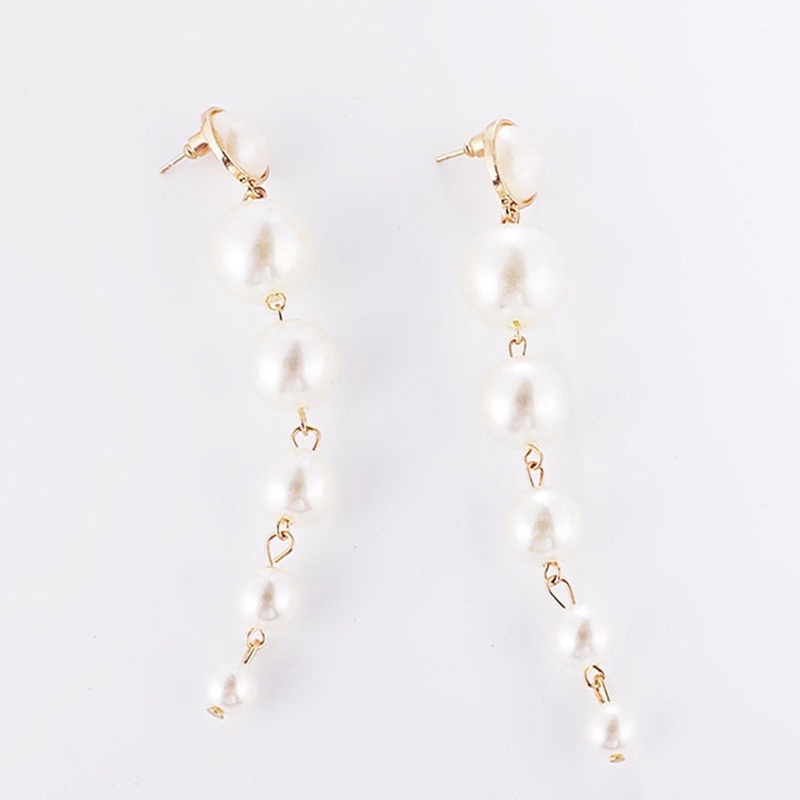 Fancyqube Trendi Elegan Dibuat Besar Simulasi Mutiara Anting Panjang Pearls String Statement Drop Earrings Untuk Wanita Hadiah Pesta Pernikahan