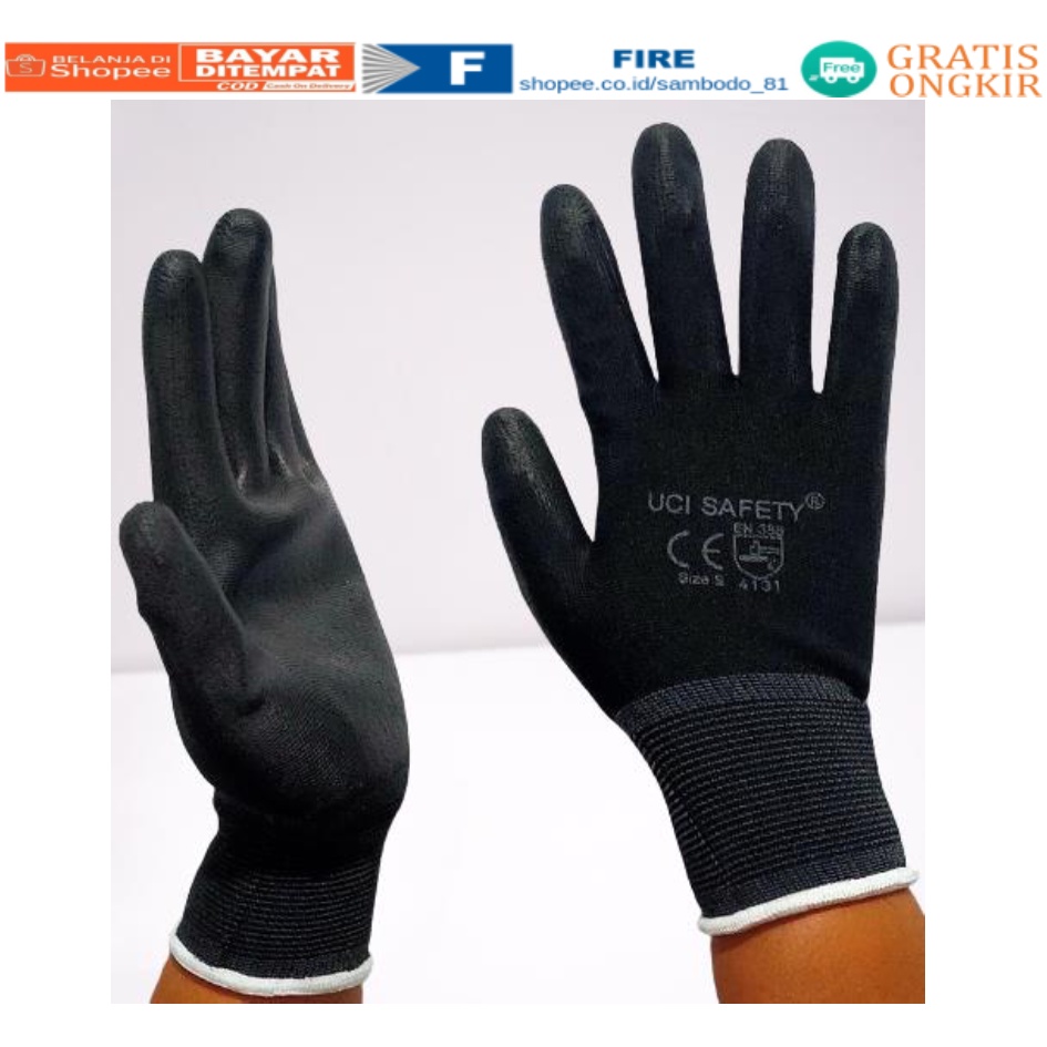 Sarung Tangan Statis Multitask Karet Palm Fit Ukuran S,M, L, XL Proyek Satpam Anti Slip Hitam Black Hand Gloves Mekanik Montir Berkebun Tukang Telapak Tangan dilapisi karet Bahan Nylon Polyester Elektronik Assembly