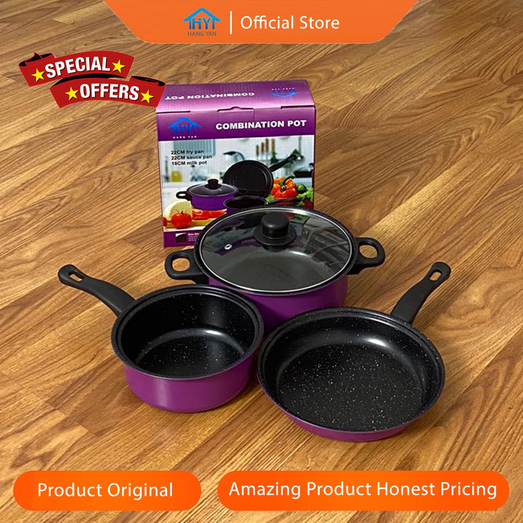Panci Set 3 IN 1 Anti Lengket Panci Isi 3 Tutup Kaca Panci Set Pot Cookware Set Anti Lengket-Purple