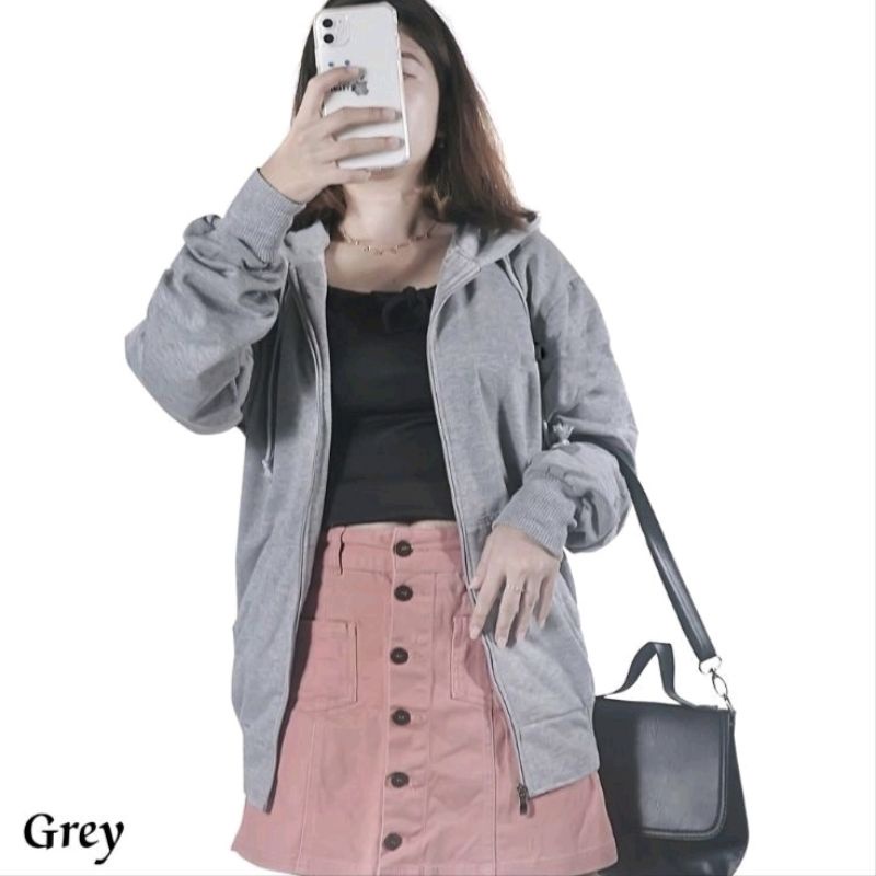 Jaket Hoodie Oversize Polos Resleting Zipper Wanita &amp; Pria Distro Korea Carla