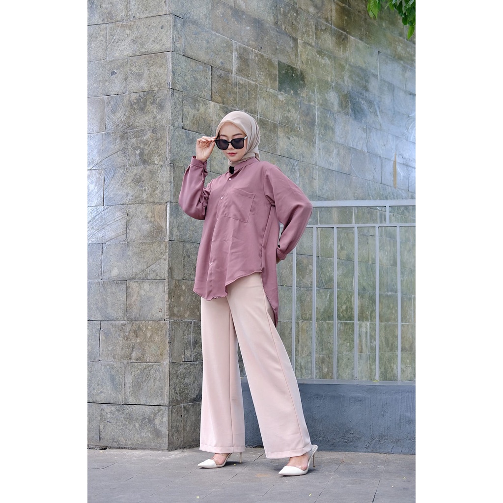 Zovy Kemeja Polos Wanita Oversize Jumbo Model Jumping Pocket Ld 120 Bahan Syakilla - Kemeja Oversize Premium Wanita Polos Basic