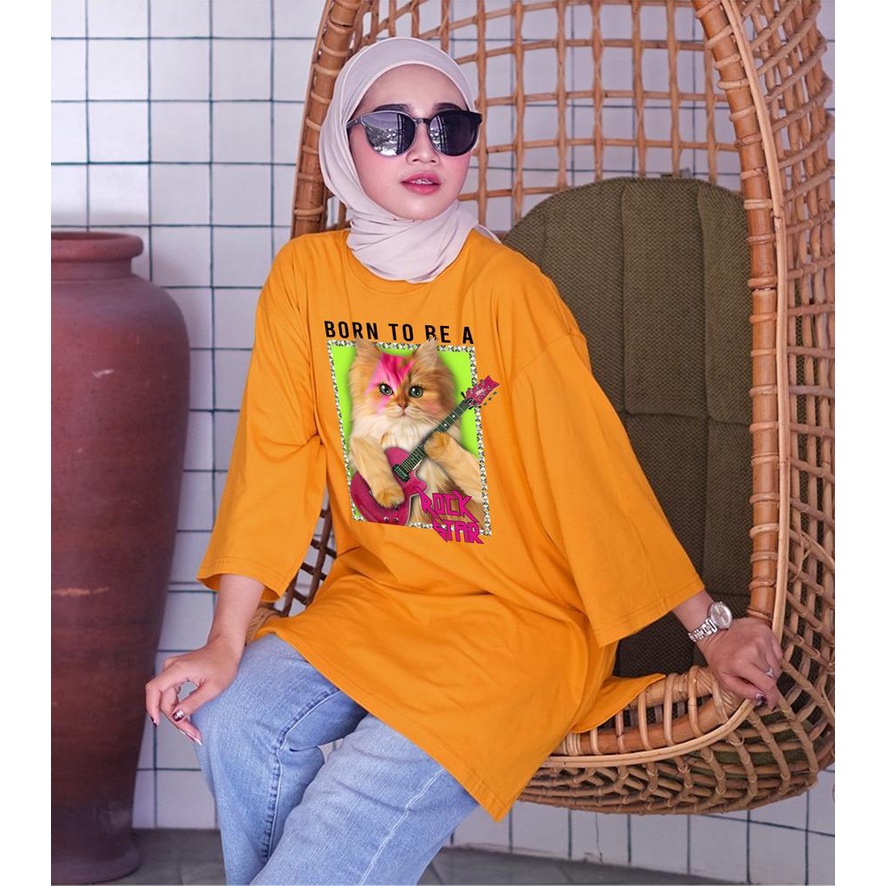 KAOS OVERSIZE TOP HIJAB WANITA BASIC DTF KUCING GITAR / OVERSIZE SLIT BLOUSE GAMBAR DTF / DIGITAL PRINT