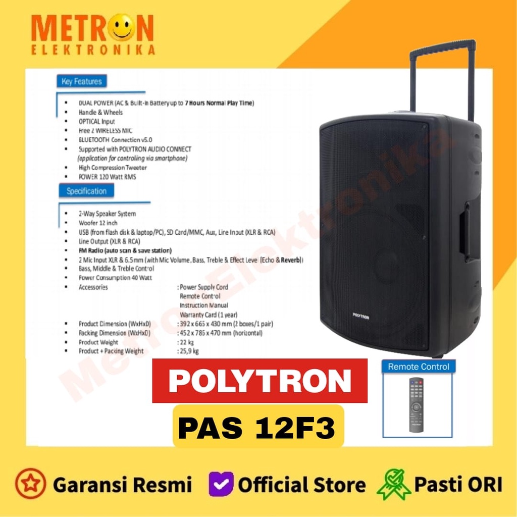 POLYTRON PASPRO 12F3 - SPEAKER TROLI 12 INCH BATTERY + BLUTOOTH + 2 MIC WLESS