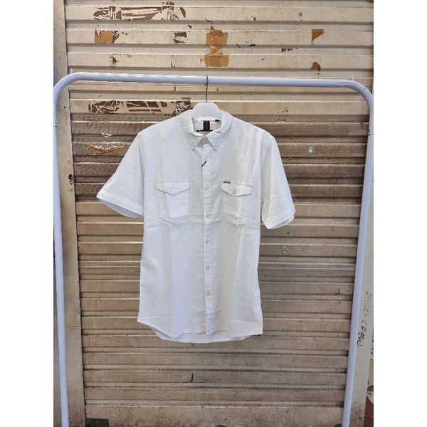 Best Seller Kemeja Pria Kasual Putih Kantong Dua 2 Lengan Pendek Bahan Katun Linen