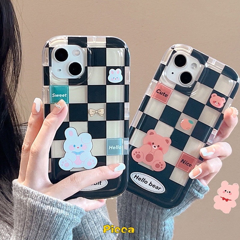 IPHONE Casing Pasangan Beruang Kelinci Lucu Kotak-Kotak Kompatibel Untuk Iphone11 14 13 12 Pro MAX 7Plus 8Plus XR 78 6 6S Plus X XS MAX Shockproof Airbag Casing Soft TPU Lovers Phone Case