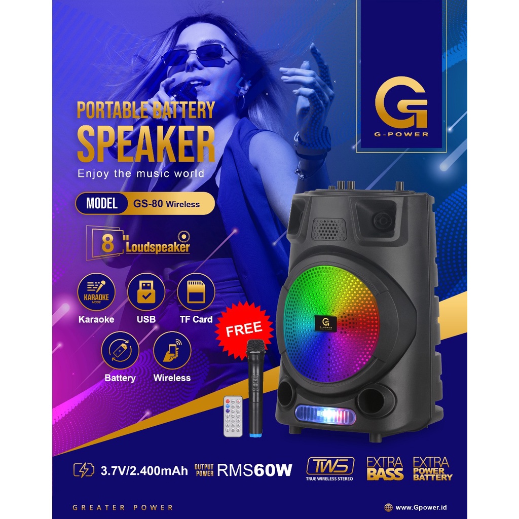 G-POWER PORTABLE BATTERY SPEAKER GS-80 FREE MIC WIRELESS SUARA EXTRA BASS ORIGINAL TERMURAH