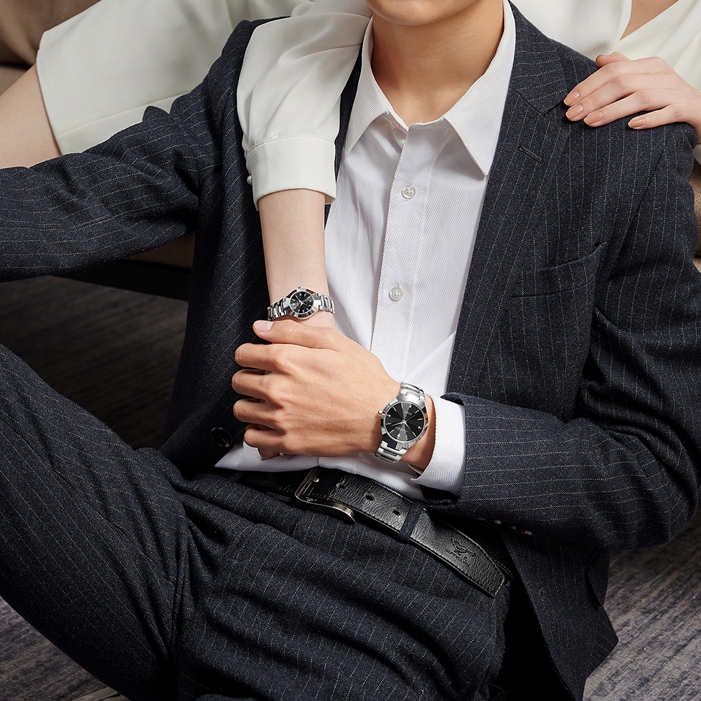 Sunlifex Jam Tangan Couple 9090-M+SL9090-W Stainless Steel Berlian Anti Air Analog Bisnis Kuarsa Jam Tangan Wanita/Pria-3