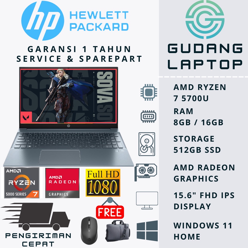 LAPTOP GAMING HP PAVILION 15 AMD RYZEN 7 5700U RAM 16GB SSD 512GB RADEON FHD WIN 11