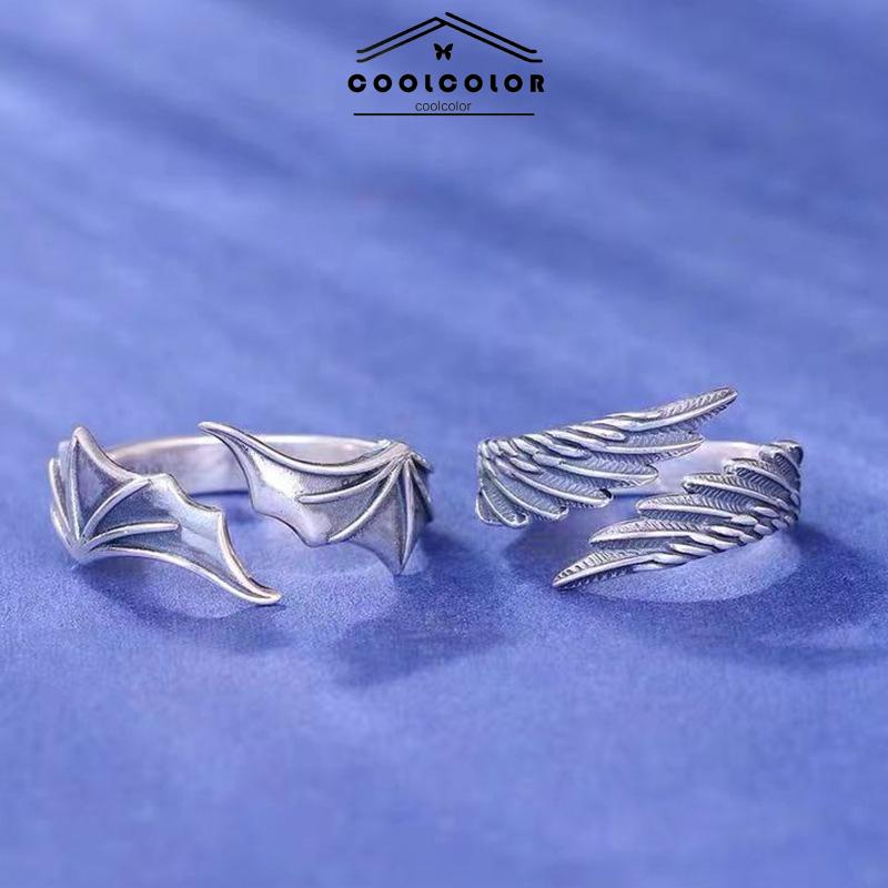 COD❤️Cincin  Titanium Pria Model Terbuka Desain Sayap Malaikat Demons Gaya Vintage Punk Untuk Pasangan Pria Dan Wanita- cl