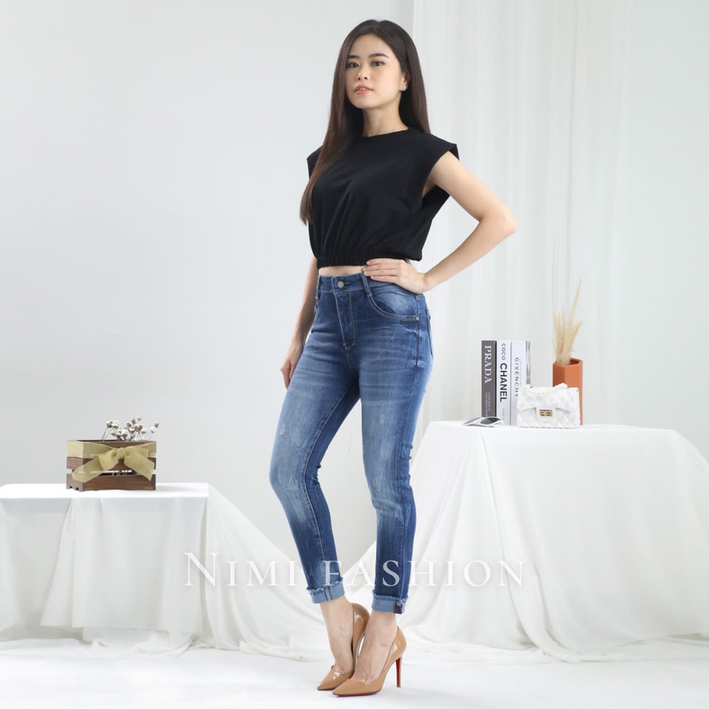 NIMI - Agnes Boyfriend Hw Celana Jeans Stretch Wanita High Waist Blue Stik Bulu