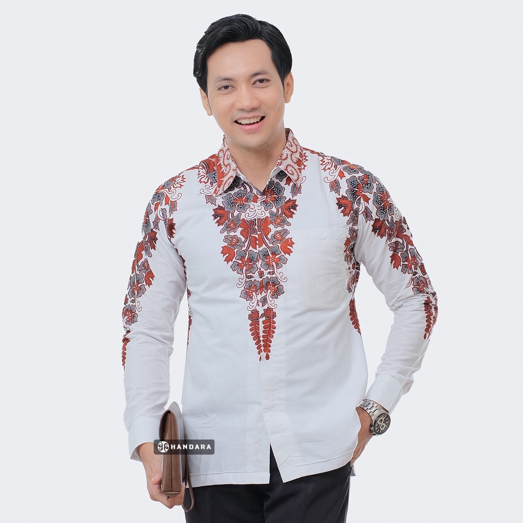 Baju Kemeja Batik Pria Lengan Panjang Slim Fit Premium Modern Full Furing Katun Halus Original Handara Motif Astana Putih Sogan HB-167