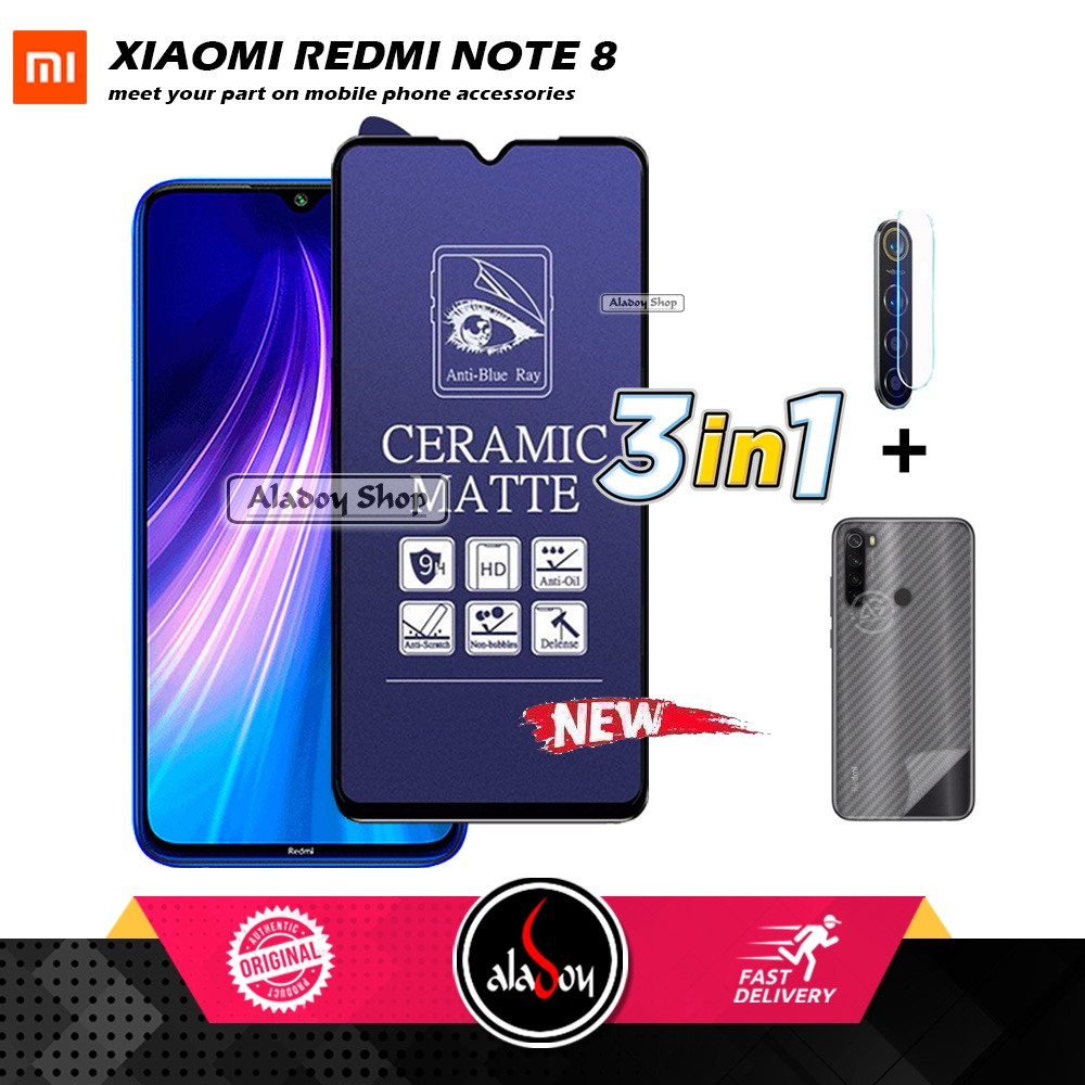 PAKET 3IN1 Anti Gores Blue Matte Anti Glare Xiaomi Redmi Note 8 + Tempered Glass Camera dan Skin Carbon