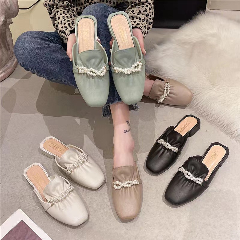 Sepatu Sandal Slop Flat Wanita Motif Mutiara Model Slip On Fashion Korea Style Kasual Nyaman PVC Azgalery SPT-41