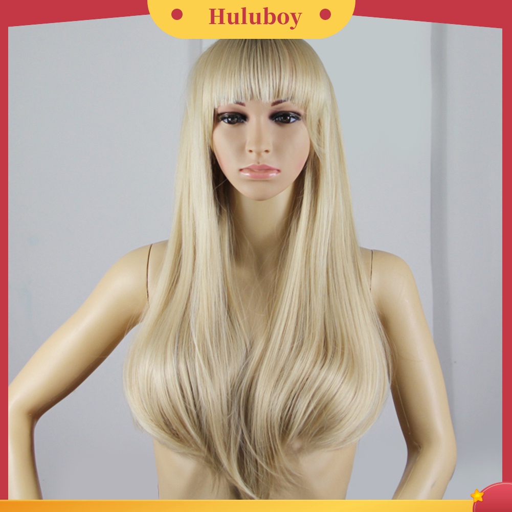 Wig Rambut Wanita Model Panjang Lurus Dengan Poni Warna Emas Untuk COSPLAY