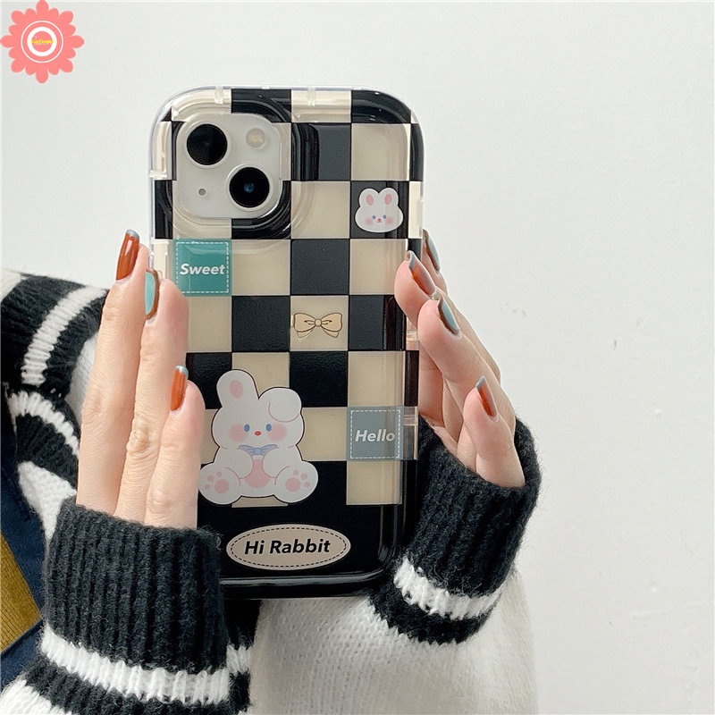 IPHONE Casing Kelinci Beruang Lucu Kompatibel Untuk Iphone11 13 14 12 Pro MAX 7plus 7 8 6 6S Plus XR X XS MAX Couple Case Kotak-Kotak Shockproof Airbag Soft TPU Lovers Phone Case