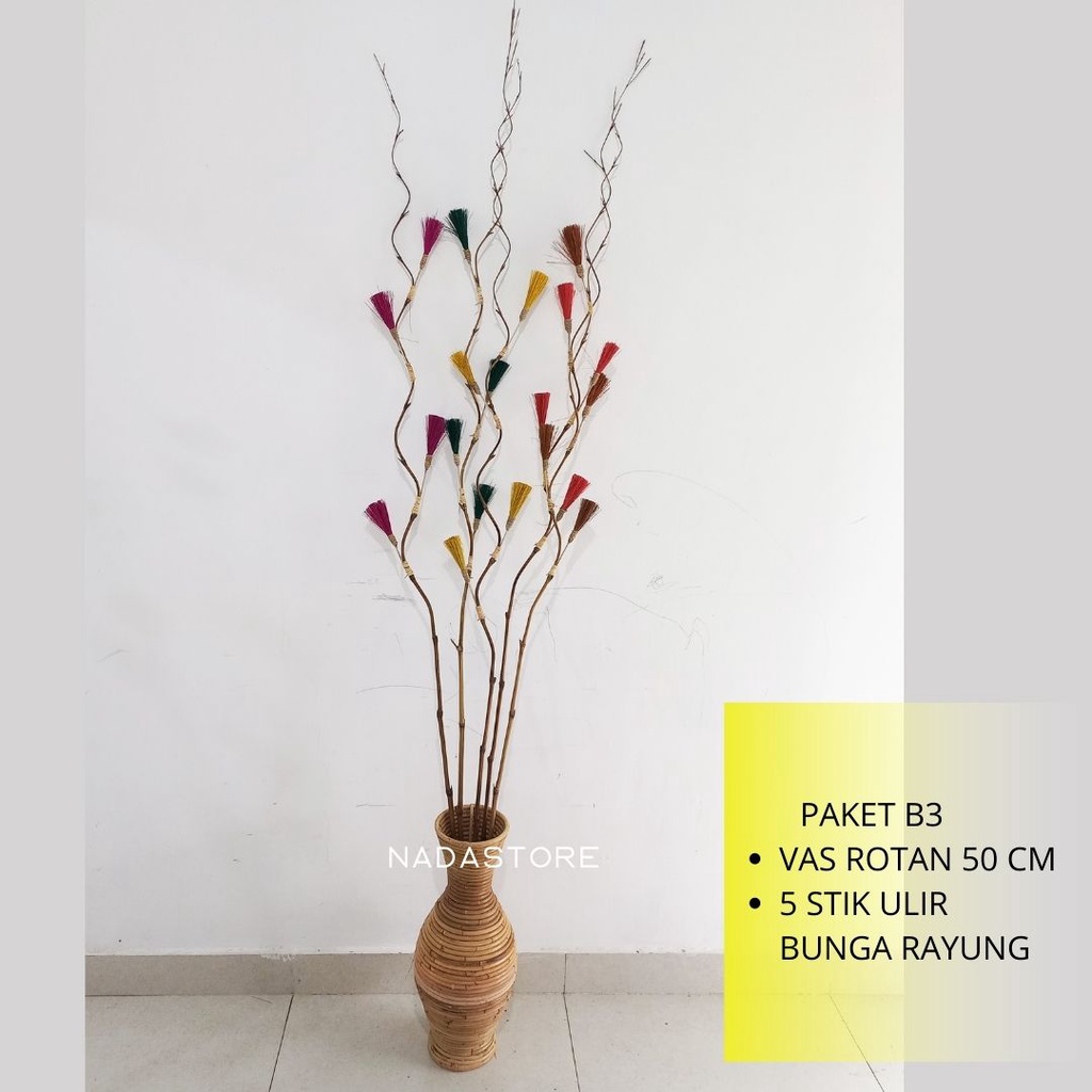 Paket Hemat Vas Rotan dan Stik Ulir bunga kering Decor Home Decor