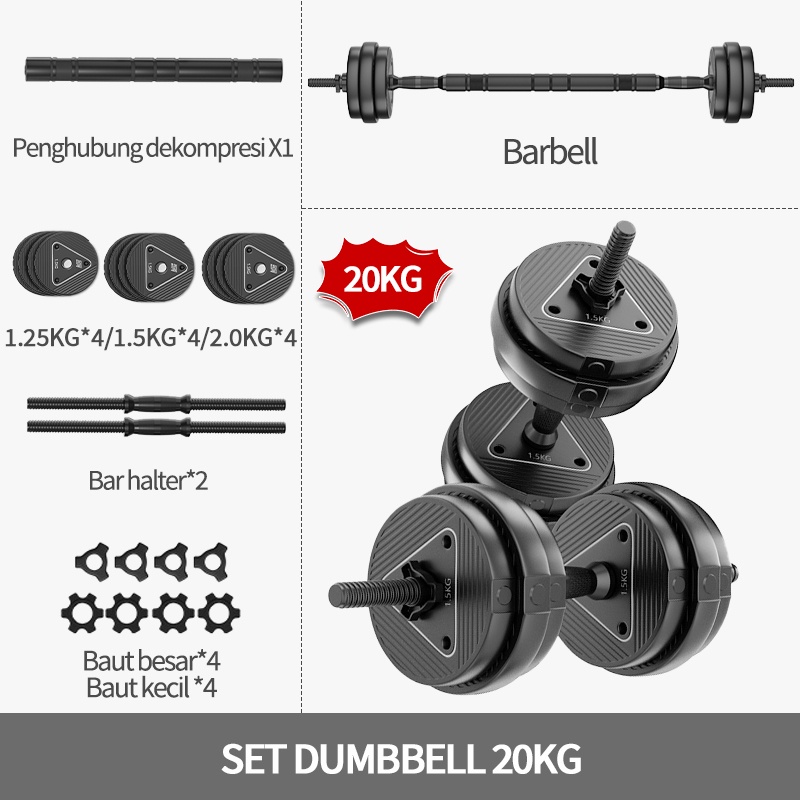 Dumbbell Barbell 20Kg Multi Function Dumbbell Alat Futnes Gym Set Bisa Bongkar Pasang