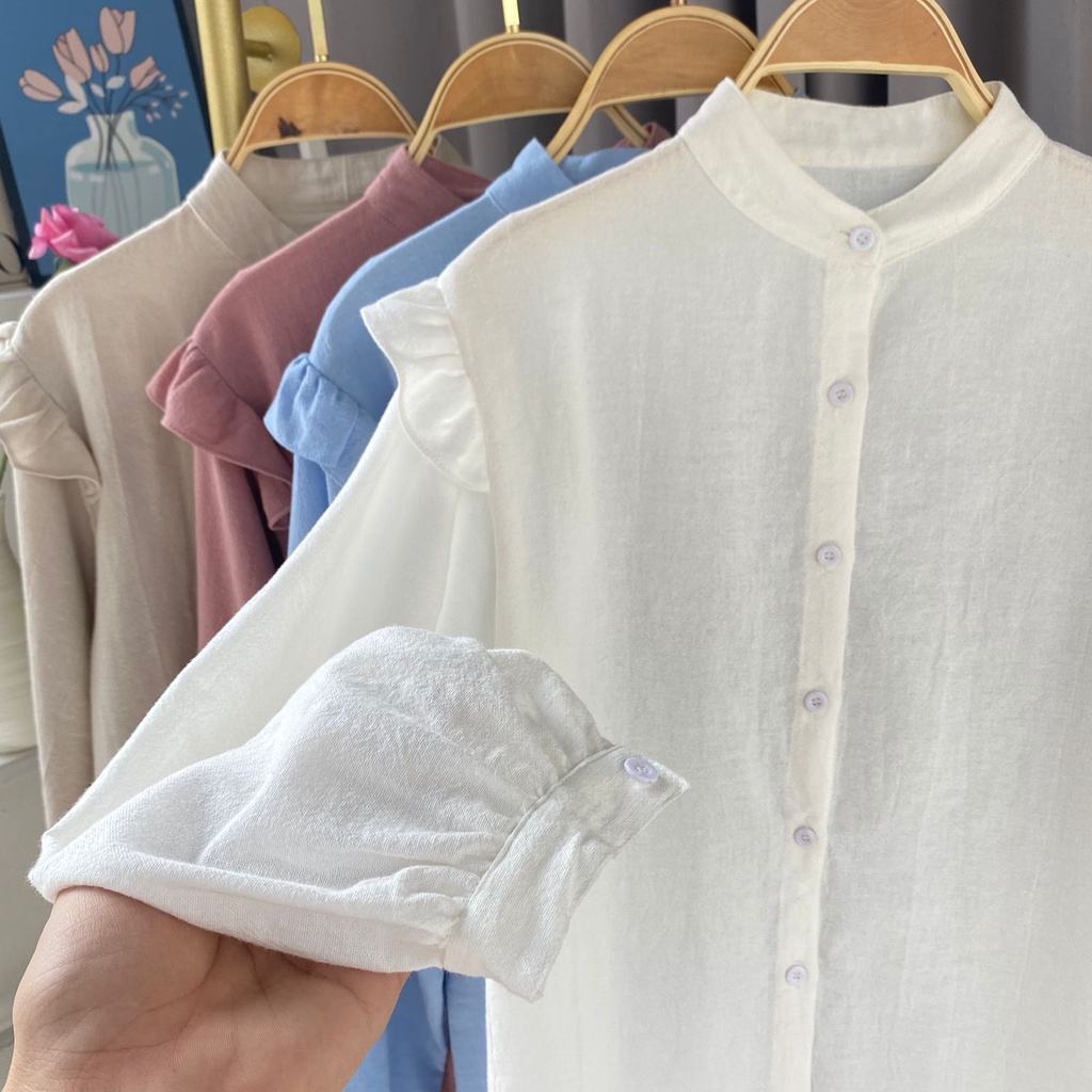 Pakaian wanita lengan panjang / Atasan wanita korean style bahan linen import