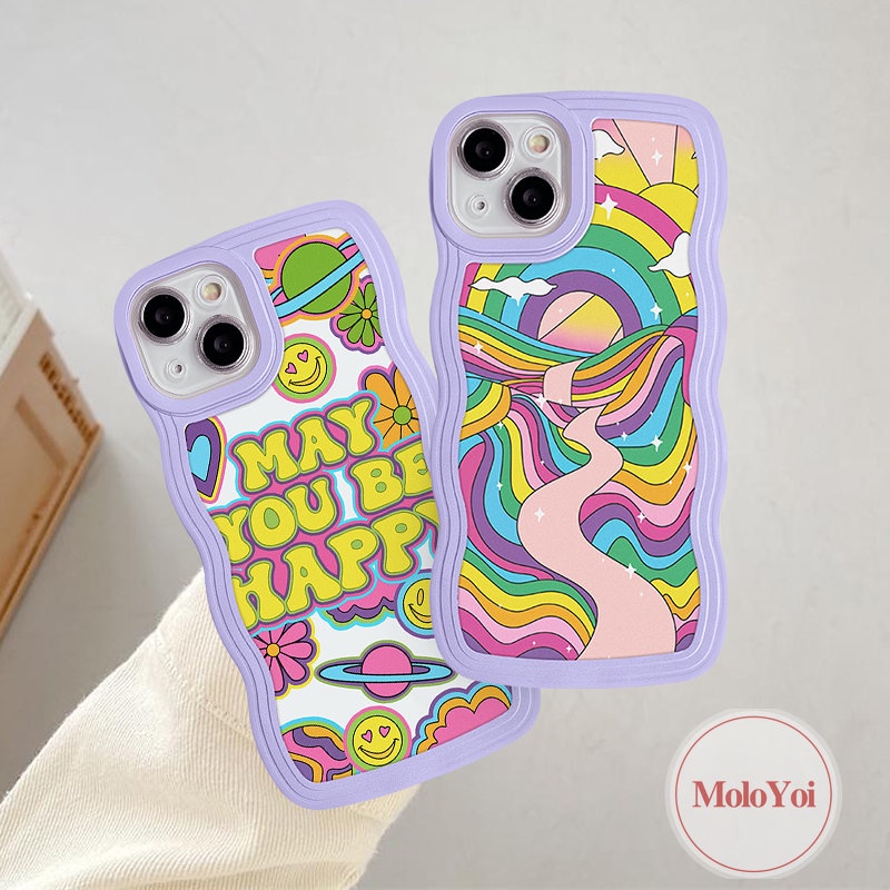 IPHONE Casing Case Compatible Untuk Iphone6 6s 78 Plus 11 13 12 14 Pro Max XR X XS Max14 Plus 7Plus 8Plus SE 2020 Wavy Edge Casetify Warna Warni Rainbow Smile Wish You a Happy Label Soft TPU Cover