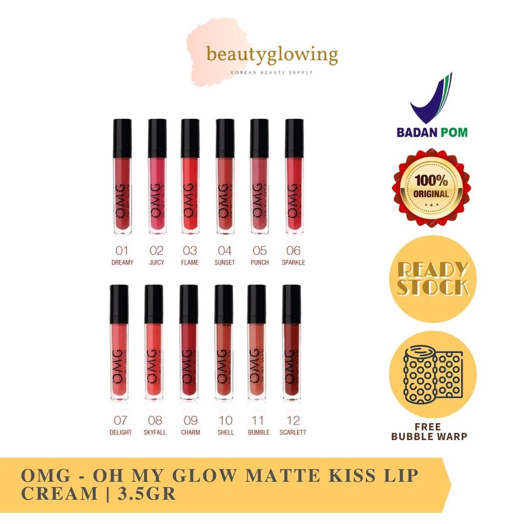 OMG Oh My Glam Matte Kiss Lip Cream 3.5g | WARNA BARU! Lip Gloss 19 20 21 22 23 24 25 26 27 Lipstik | Lip Cream Matte terbaru Dengan Warna Intense, Tahan Lama &amp; Ringan