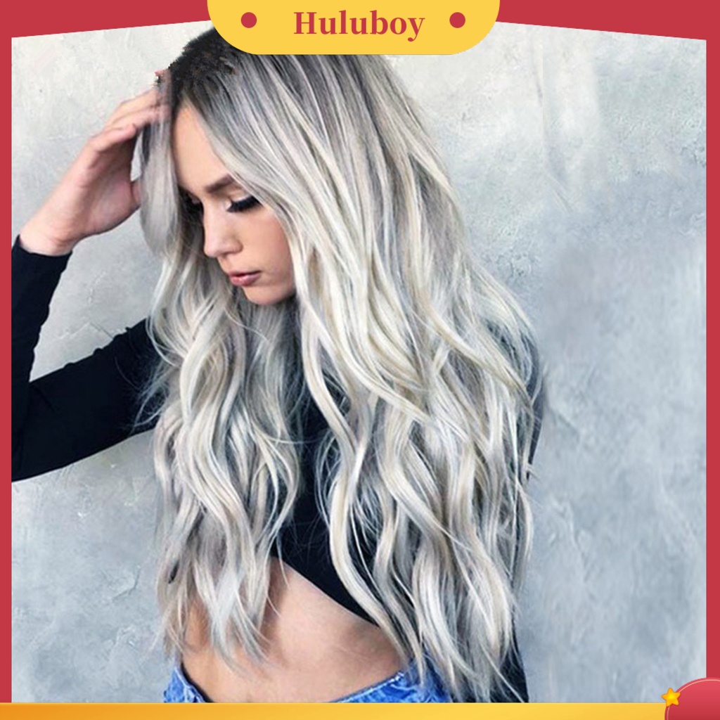 Rambut Palsu Model Panjang Sedang Keriting Warna Gradien Bahan Sutra Suhu Tinggi