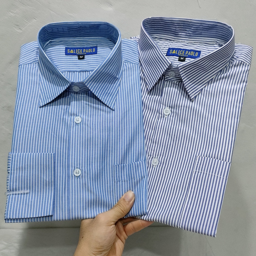 Kemeja Pria Salice Paolo Panjang Reguler Motif Salur Rotan Biru Putih