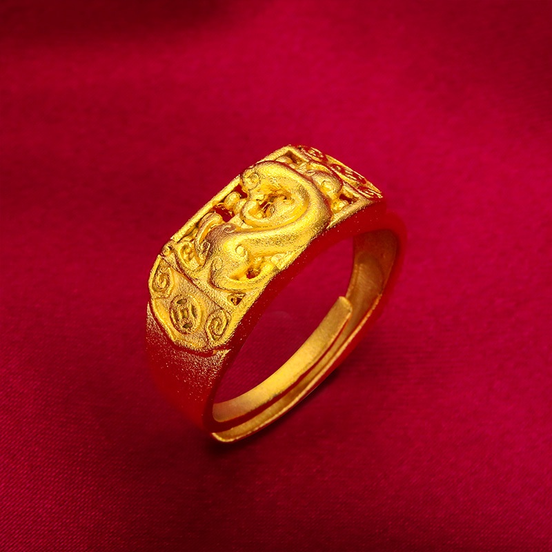 Goldkingdom Perhiasan Fashion Emas Asli Kadar 375 Bangkok Aksesoris Ready Stock Pria Berlapis Kylin PI Xiu Cincin Sederhana Dan Kaya Bawa Kekayaan