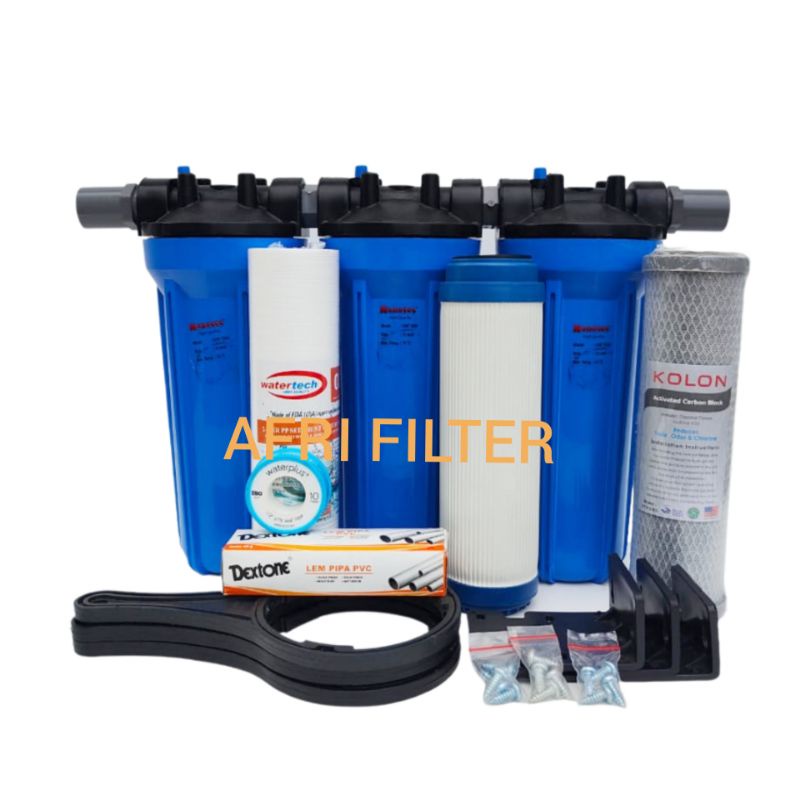 Paket Filter Air 3 Tahap  Zat Besi / Sumur Bor Siap Pakai (Blue 10&quot; drat 3/4&quot; SPC)