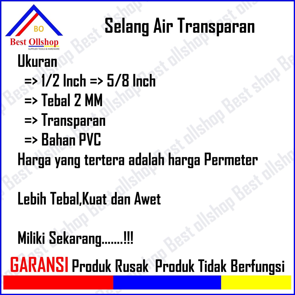 Selang Air Siram Taman Tanaman Cuci Motor Mobil Transparan Tebal Murah / Selang Air Transparan Transparant 1/2 5/8 Inch Permeter Tebal