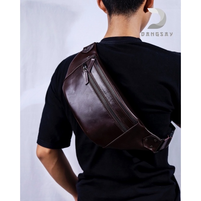 CUCI GUDANG TAS SELEMPANG WAISTBAG PINGGANG KULIT PRIA 100% KULIT SAPI ASLI ANTI AIR ANTI PANAS