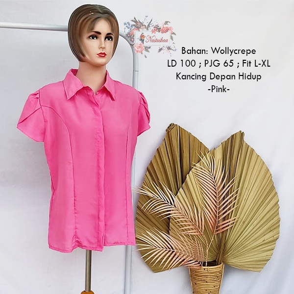 Baju Atasan Kemeja Model Lengan Kelopak Pendek Polos Warna Pink Kerja Kantor Kuliah Fashion Cewek Wanita Murah Blouse Lengan Tulip Korean Style