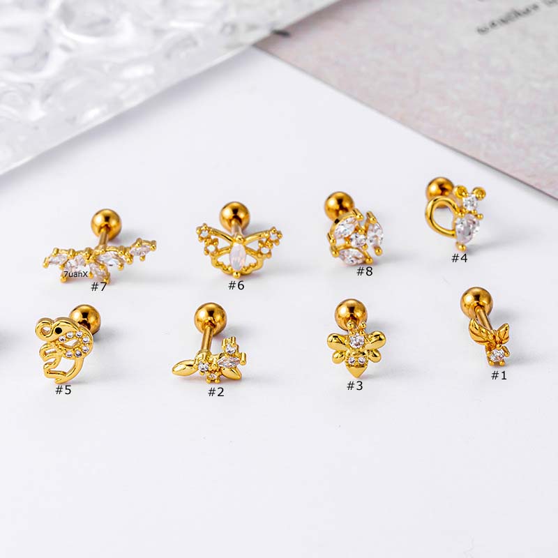 1pc Anting Tindik Hypoallergenic Bentuk Monyet Gajah Lebah Butterfly Bahan Stainless Steel Ukuran 20Gauge