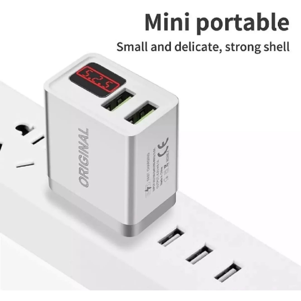 Charger Casan Adaptor 2 Port USB / Batok Charger Miror Lake PPS Digital Display 18+Kabel Data Micro USB 2 Port USB Charger Adaptor 3.1A Input Output Kepala Adapter Charger-Fast Charge