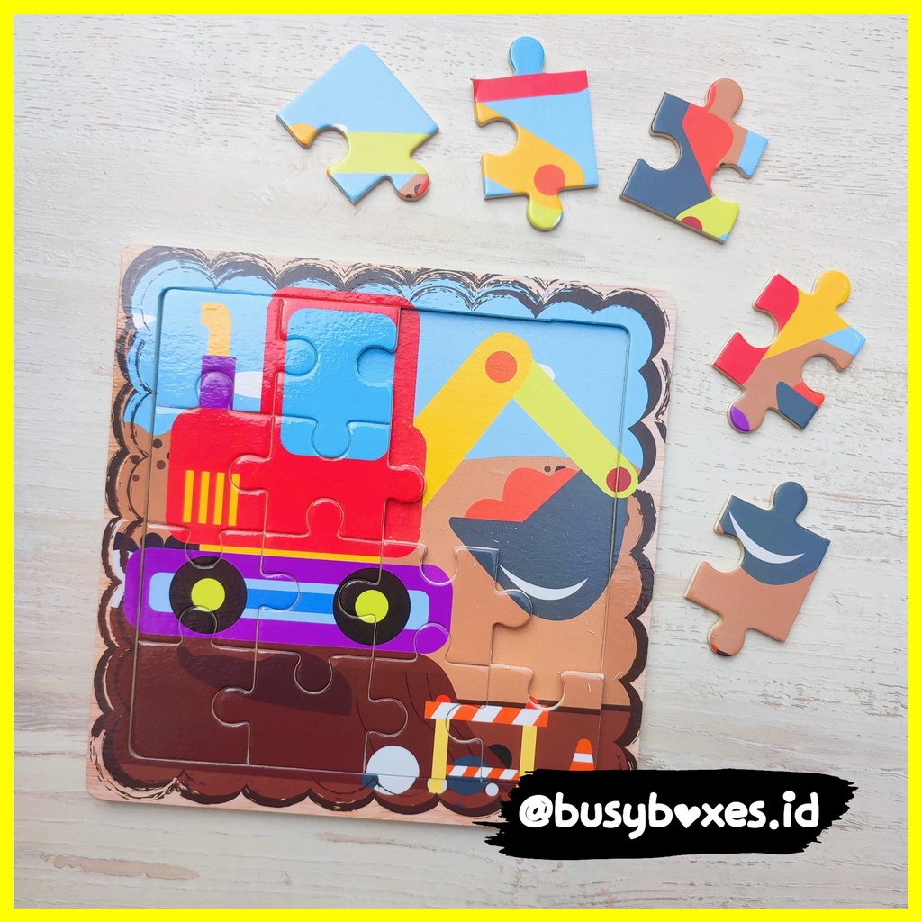 Busyboxes.id Mainan anak puzzle edukasi anak 1 2 3 tahun laki laki perempuan mainan edukasi Montessori puzzle jigsaw 3d kayu alat berat kontruksi seri -  exavator