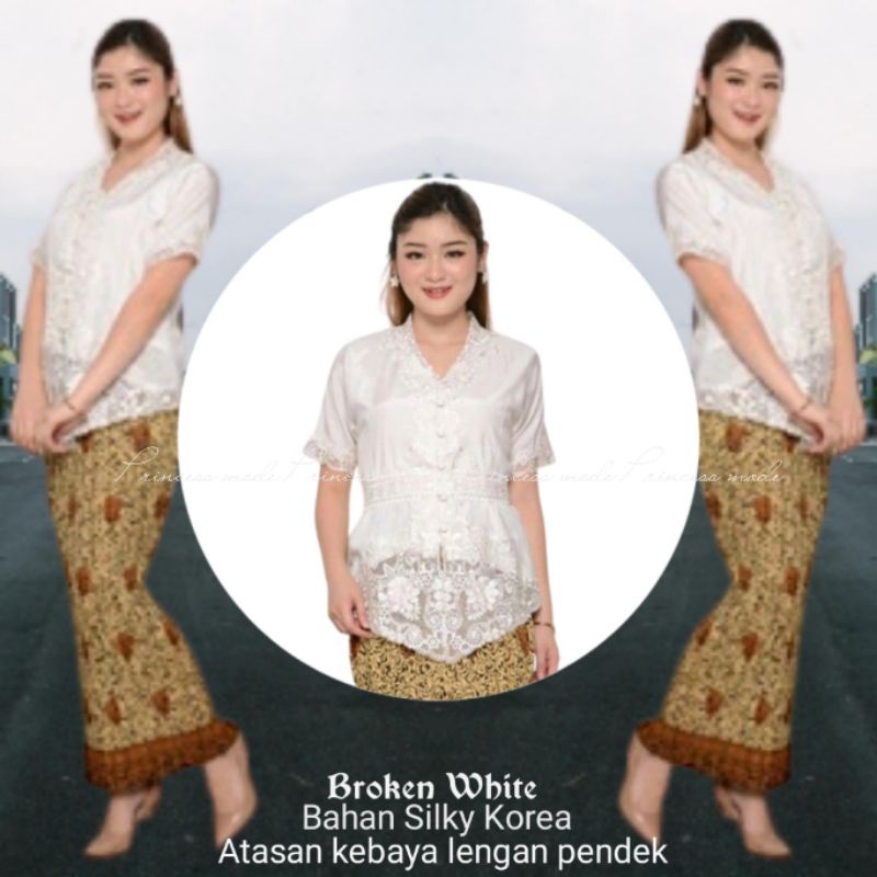 Atasan Kebaya Encim Bali Senada Modern Putih Lengan Pendek Brukat Bordir