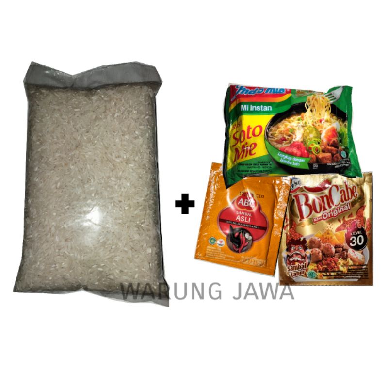 

Beras 1 Liter + Indomie + saos + bon cabe