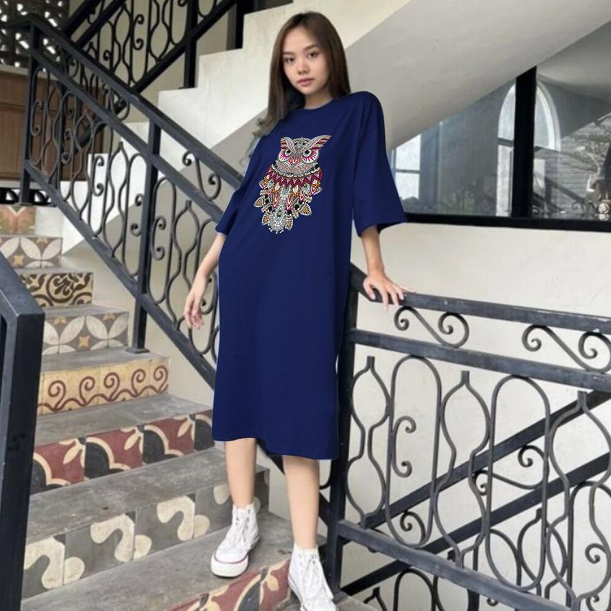 BAJU DRESS OVERSIZE TUNIK PREMIUM DTF OWL BATIK / DIGITAL PRINT