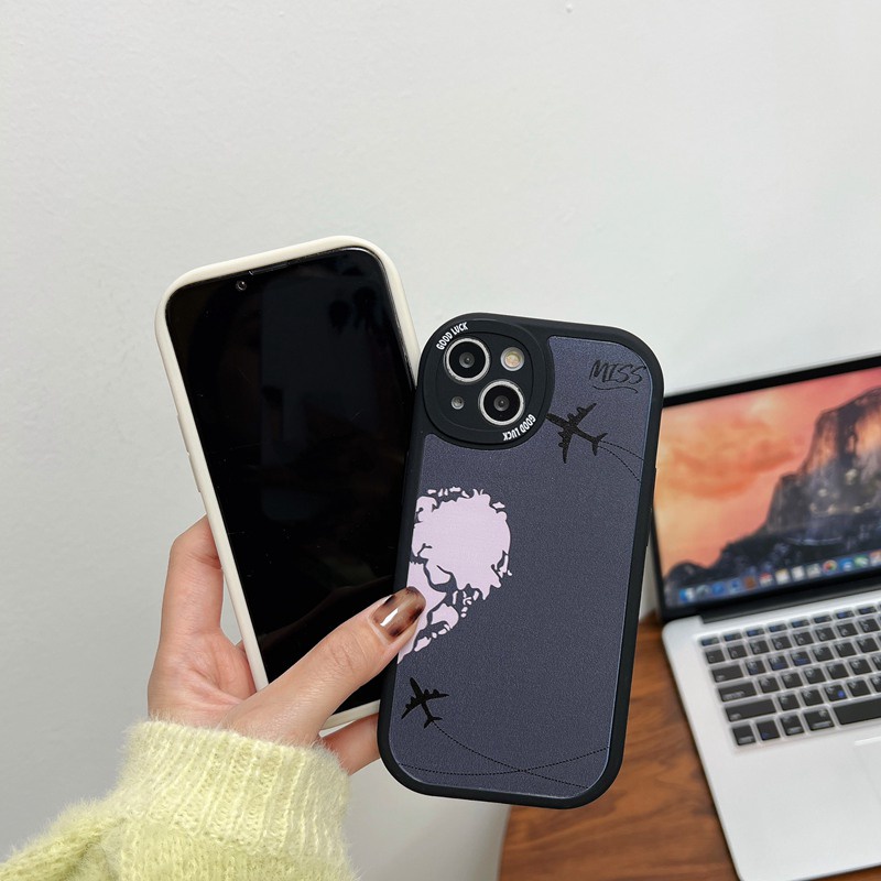 [Baolongwish] Couple Splicing Love Airplan SoftCase Apple IPhone 6S 7 8 Plus XR XS Max 11 12 13 14 Pro Max 14 PLUS Black Silicone Case