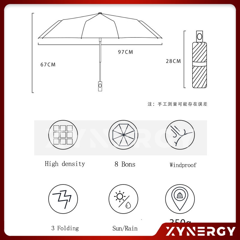 Payung OTOMATIS lipat polos anti UV premium untuk Hujan atau Panas
