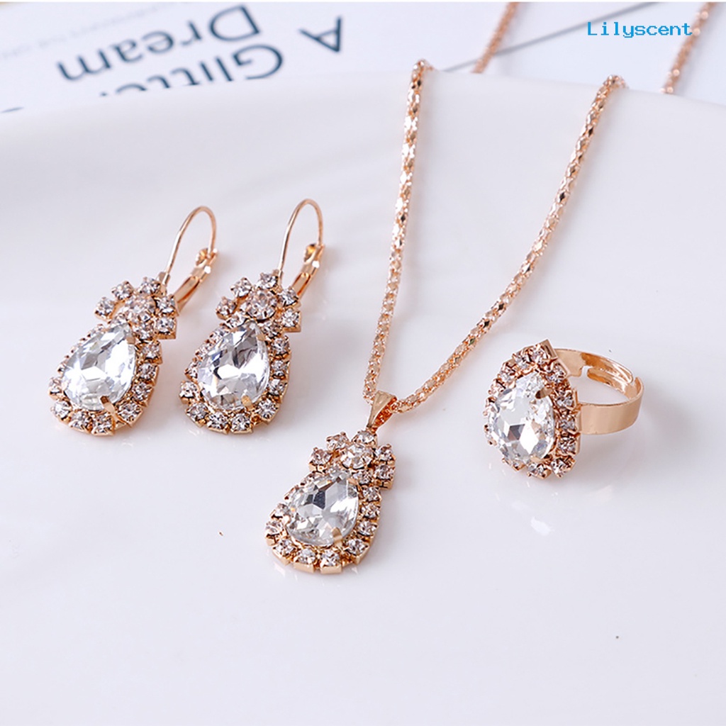 [LS] Set Perhiasan Eye-catching Mudah Senada Wanita Tetesan Air Berlian Imitasi Mengkilap Kalung Cincin Anting Untuk Pesta