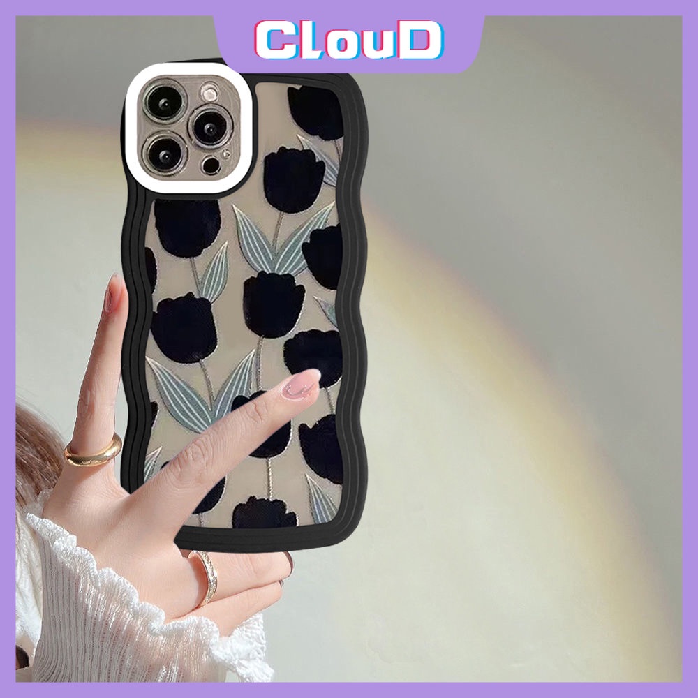 IPHONE Casing Ponsel Tpu Lembut Bunga Tulip Retro Kompatibel Untuk Iphone11 Pro Max 7Plus XR X XS Max 13 11 12 14 Pro Max 6s 6 7 8 Plus SE 2020sarung Tepi Bergelombang Hitam